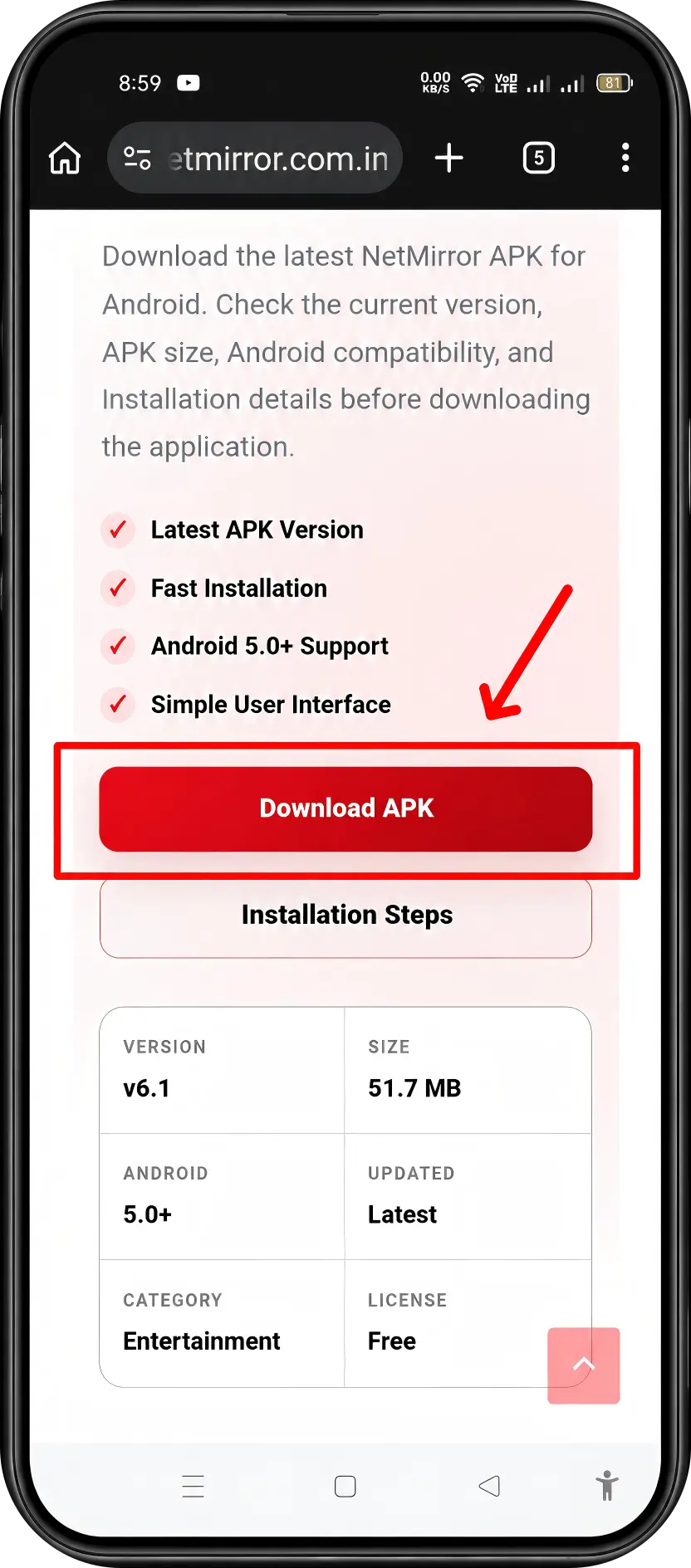 NetMirror APK download button